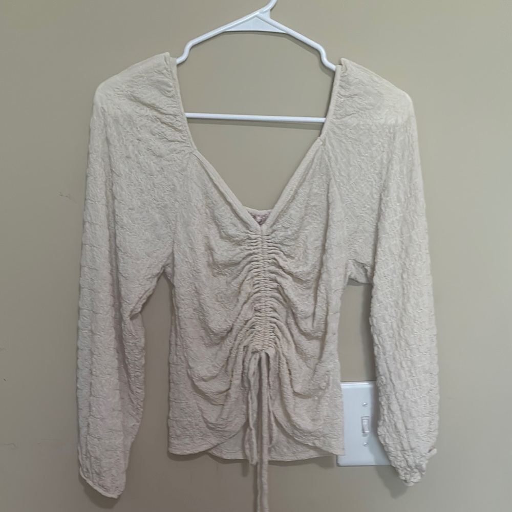Cream Ruched Tie Front Blouse